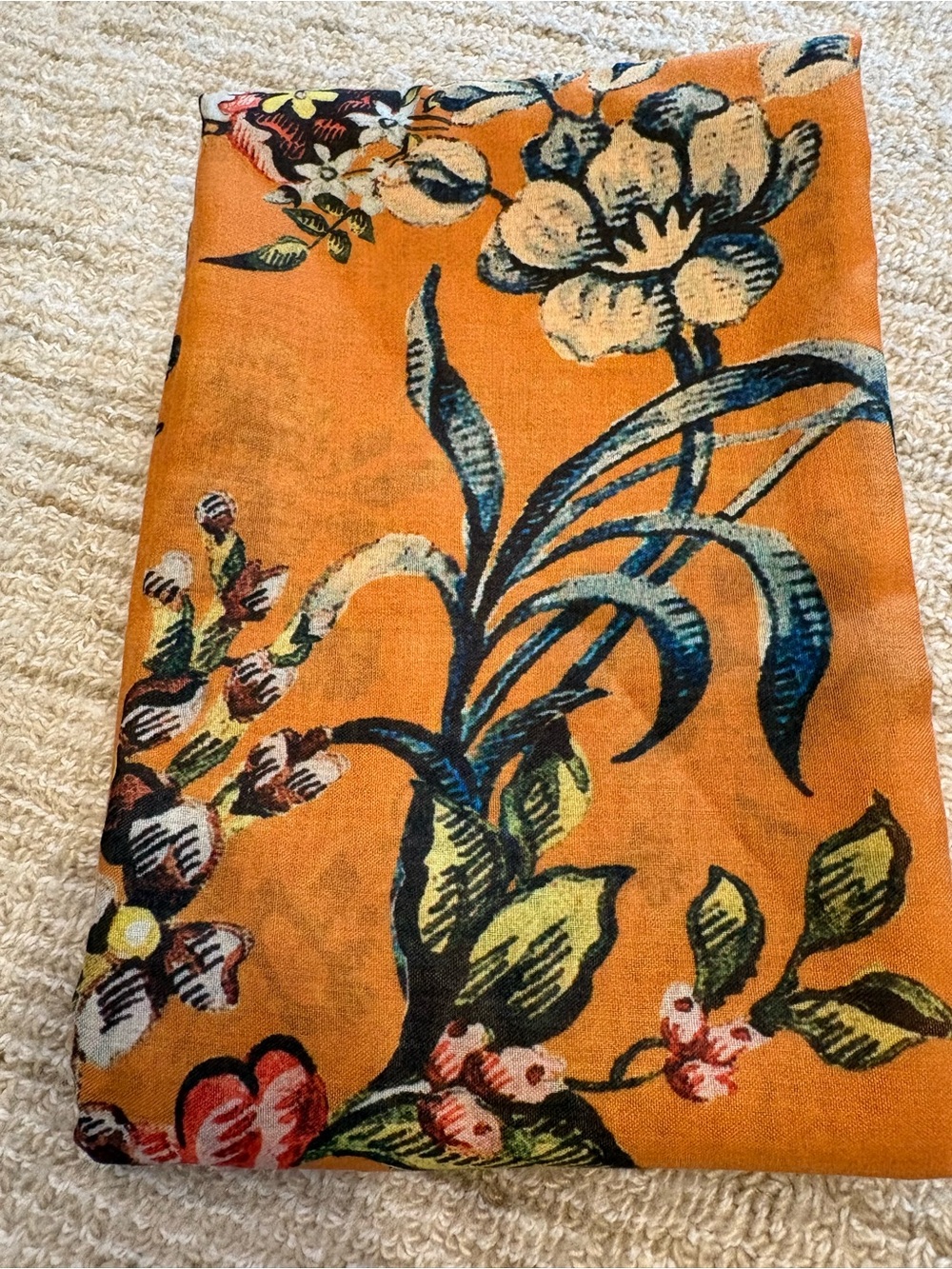 Agua Bendita Orange Floral Silk-Blend Scarf with Blue & Green Accents